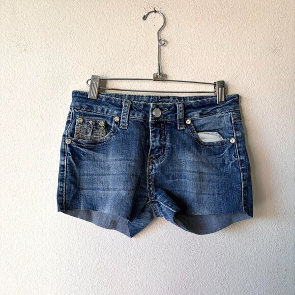 Ultra Low Rise Denim Cut Off Jean Shorts Rhinestone Crosses Women's Small - Picture 2 of 5